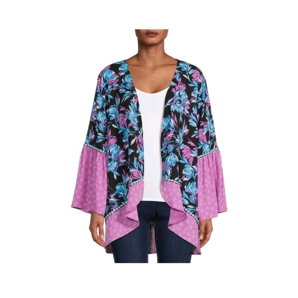 The Pioneer Woman Floral Bell Sleeve Kimono Cardigan Purple Blue‎ L/XL